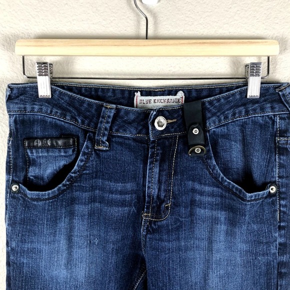 Blue Exchange Jeans Blue Dark Denim Black Faux Leather Trim Straight Size 31 - Picture 3 of 12